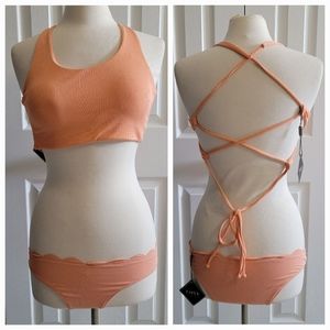Zaful Forever Young Bikini Set, Ribbed Pattern, Scalloped, Peach, Size 6 / 4